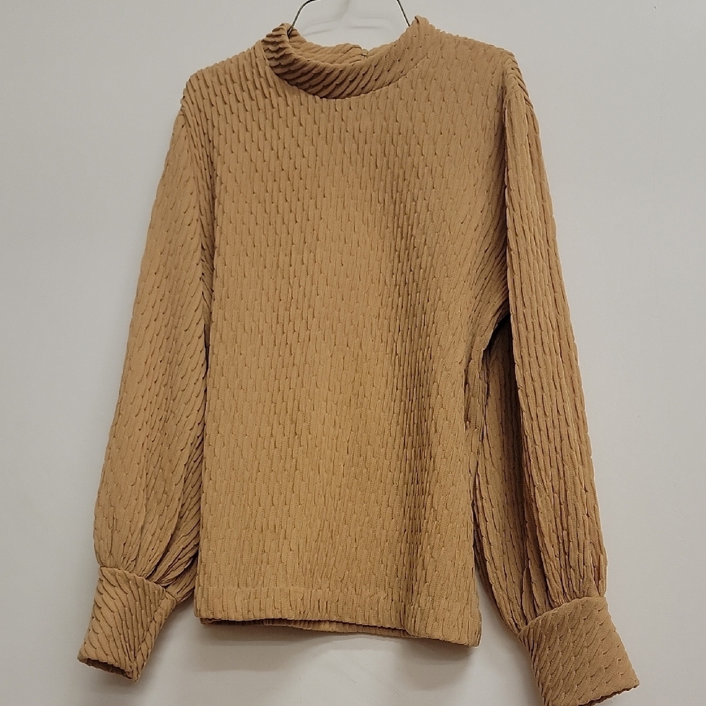 Vintage 70s Tan Novelty Knit Boxy Puff Sleeve Blouse 14/38